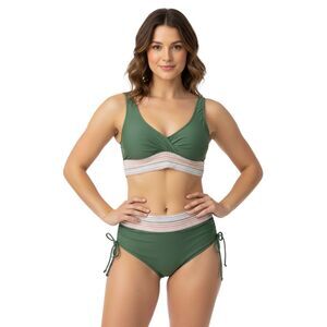 High Waisted Green Bikini Set with Twist Detail